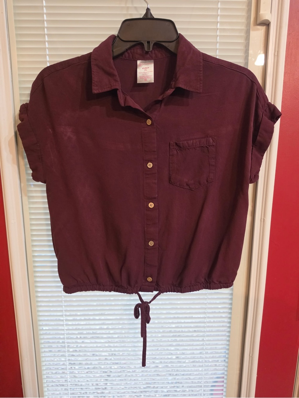 No Boundaries Maroon Short-Sleeve Button-Front Cinch Waist Top